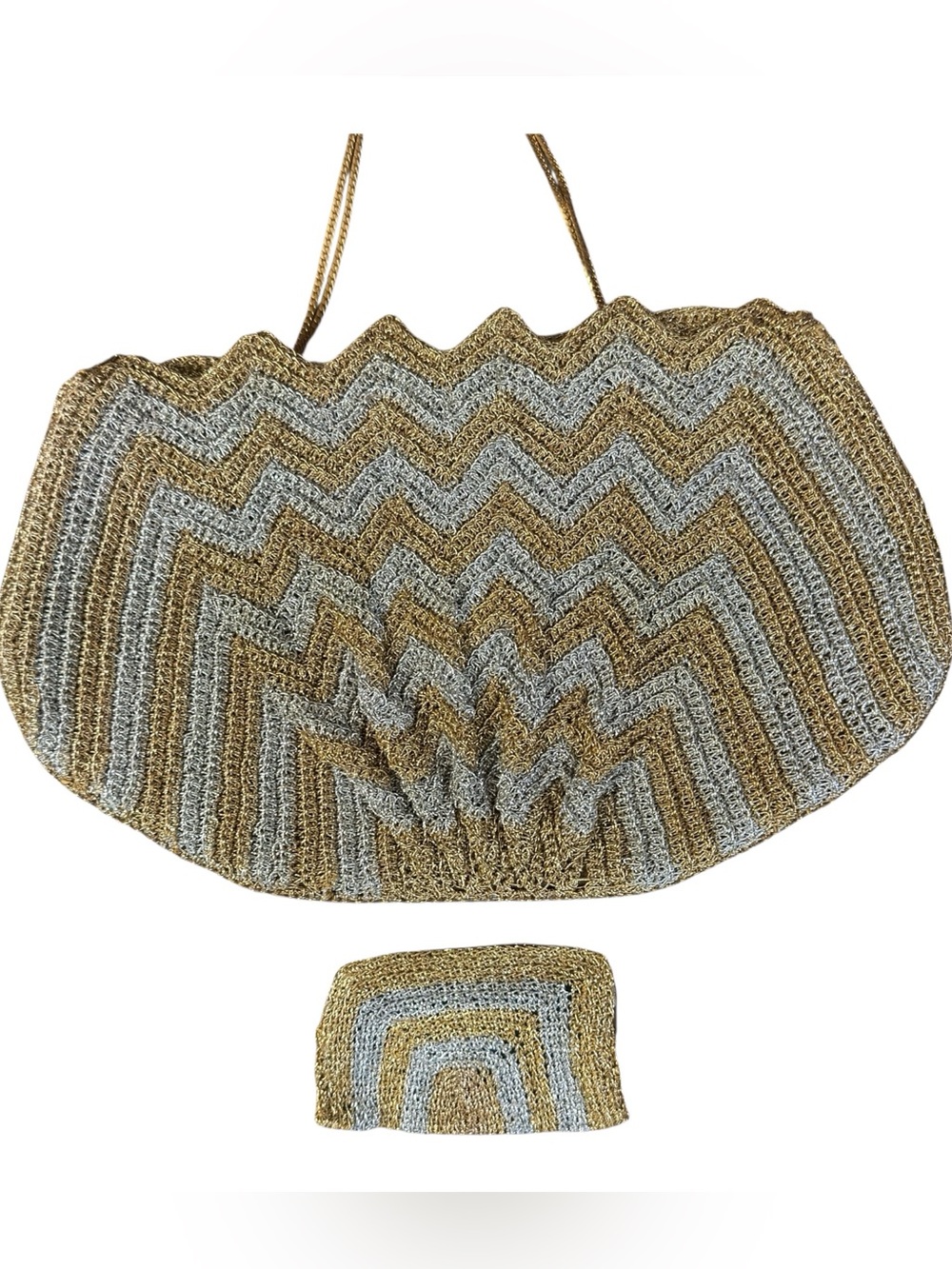 Vintage Metallic Crochet Evening Bag Gold and Silver Tone Chevron & Coin Purse